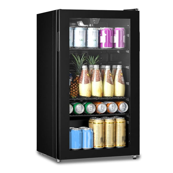 Midea COMFEE' Under Counter Drinks Fridge - 93L Capacity, Holds Up To 115 Cans, Precision Cooling (2℃ To 15℃), Full-Length Low-E Glass Door, Removable Shelves, LED Light, Low Noise [Energy Class E] - Essential for Home Kitchens & Dorms