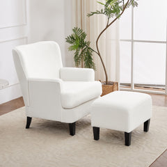 White Teddy Fabric Lounge Chair with Ottoman - 69x58x85.5cm Plush Armchair, Sponge Cushion & Plywood Frame, for Living Room/Bedroom (Black Wooden Legs)