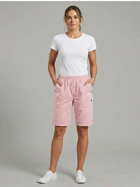 Women'S Casual Elastic Waist Cargo Shorts Lightweight Summer Knee Length Shorts, Multi Pocket Outdoor Walking Shorts Comfortable Relaxed Fit Shorts for Travel Holiday and Daily Wear Breathable Soft Fabric Pull On Shorts Practical Zip Pocket Design Versati