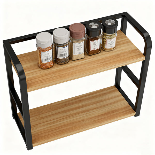 Two-Tier Coffee Bar Organizer for Kitchen Counter, Spice Rack, Versatile Mug Holder Display Stand, Accessory Storage Shelf with Hooks, Black