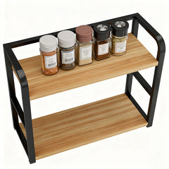 Two-Tier Coffee Bar Organizer for Kitchen Counter, Spice Rack, Versatile Mug Holder Display Stand, Accessory Storage Shelf with Hooks, Black
