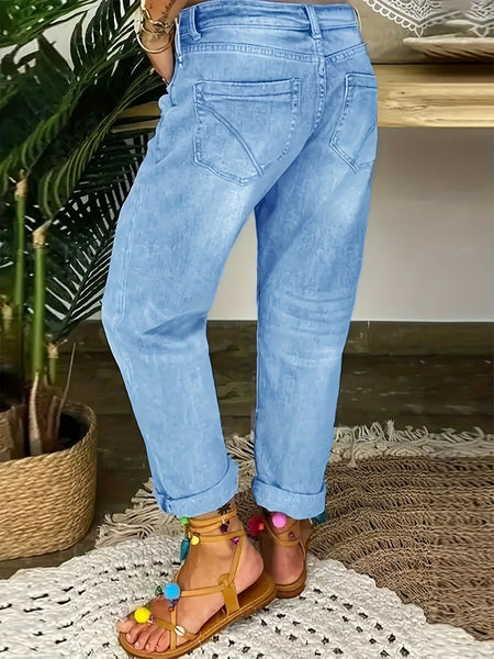 Women's Casual Ripped Hole Straight-barrel Multi-button Pants
