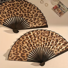 Large 23cm Retro Leopard Print Hand Fan - Portable Folding Fan Suitable for Women & Men, Fabric Cooling Fan for Summer, Parties, Rave, Dance Performances, Outdoor Events - Elegant Gift for