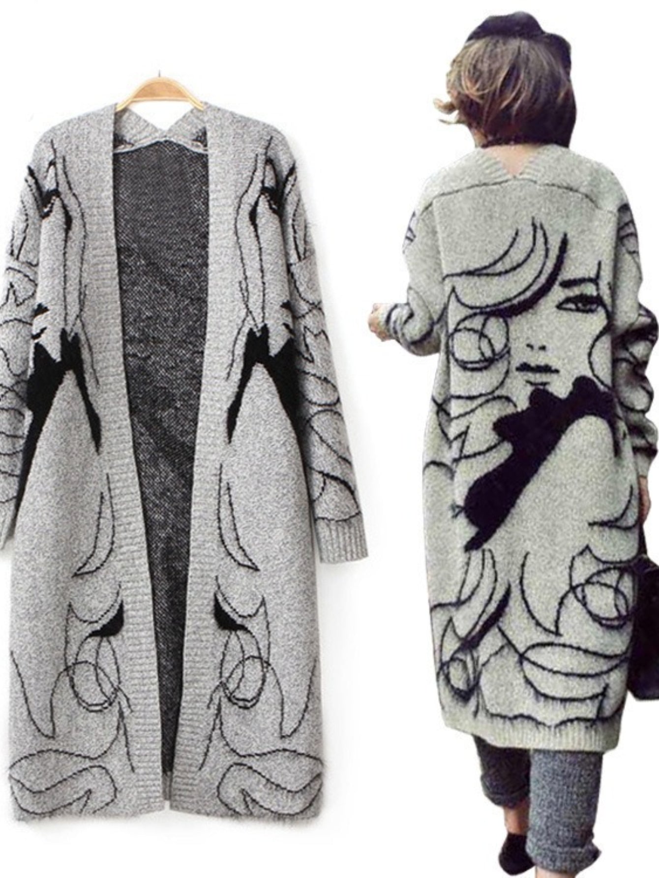 Women'S Abstract Batwing Sleeve Cardigan Sweater - High Neck & Contrast with Greyish- Tones, Mid-Length Casual Winter Fall Jacket, Cozy Character Pattern Design for Layering, Semi-Formal & Casual Attire, Cardigan Sweaters for Women