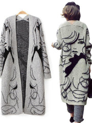Women'S Abstract Batwing Sleeve Cardigan Sweater - High Neck & Contrast with Greyish- Tones, Mid-Length Casual Winter Fall Jacket, Cozy Character Pattern Design for Layering, Semi-Formal & Casual Attire, Cardigan Sweaters for Women