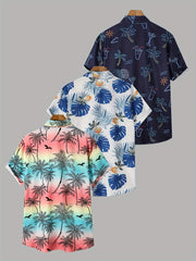 3pcs Men'S Tropical Hibiscus & Palm Leaf Print Short Sleeve Summer Shirts - Breathable Non-Stretch Fabric, Button-Up Collar Casual Button-Up Shirt with Tropical, Hibiscus & Palm Leaf Design, Machine Washable, Perfect For Beach, Vacation