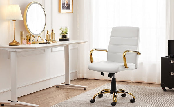 Costoffs Mid Back Office Chair with Gold Frame PU Leather Office Executive Chair with Adjustable Seat Height
