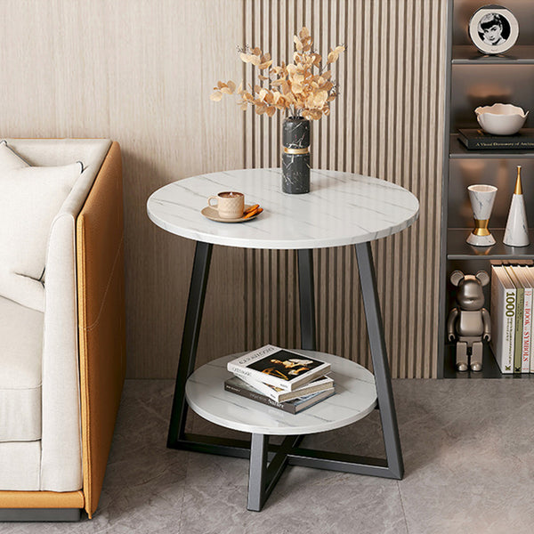 Marble Effect Round Small Coffee Tea Table 2 Tier White Grey Sofa Side Tables Living Room Bedroom Corner Plant Pot Stand Flower Pot Holder Display Shelf Metal Base