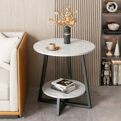 Marble Effect Round Small Coffee Tea Table 2 Tier White Grey Sofa Side Tables Living Room Bedroom Corner Plant Pot Stand Flower Pot Holder Display Shelf Metal Base