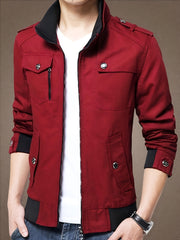 Men'S Solid Color Plaid Lining Cargo Jacket Autumn And Winter Multi-Pocket Design Stylish Long Sleeve Stand Collar Street Jacket Outdoor Coat Locomotive Jacket