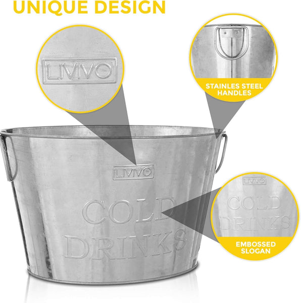 LIVIVO Galvanised Steel 24L Drinks Ice Cool Bucket with Handles - Great for Parties, BBQs and Bars Cooling Bottles, Cans of Beer or Soft Drinks