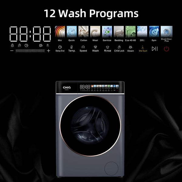 Chiq CW086581AXU Washing Machine, 8Kg, 1400Rpm, BLDC Inverter Motor, 12 Washing Cycles, Steam Care, LED Touchscreen, Grey