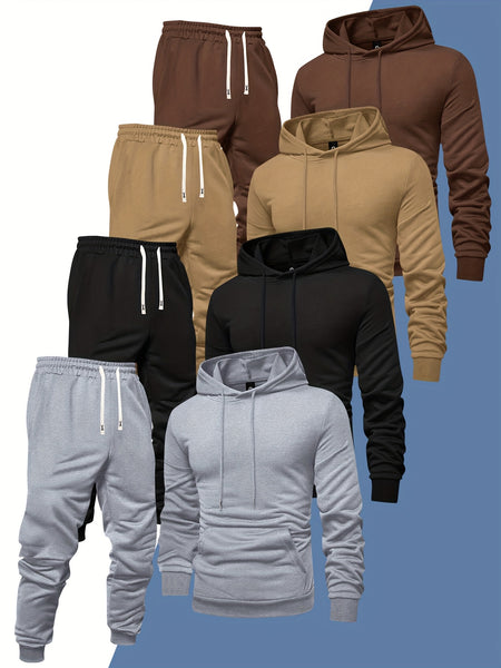 8pcs Men'S Hooded Sweatshirt + Sweatpants Autumn And Spring Casual Sports Suit Solid Color Plain Pullover Regular Long Sleeve Hoodie And Drawstring Elastic Waist Ribbed Ankle Pants
