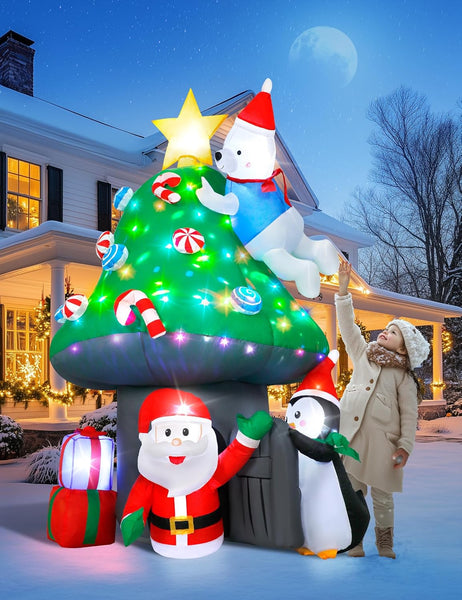 213Cm/7Ft Inflatable Mushroom House Decoration – Outdoor Inflatables with Santa, Penguin, White Bear, Blow up Yard Decor