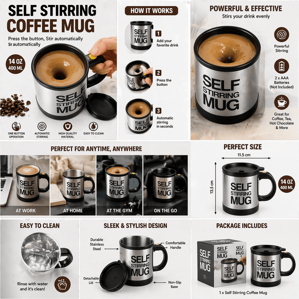 Self Stirring Mug Cup | Electric Stainless Steel Automatic Mixing & Spinning Cup with Lid | Best Gift Idea for Men Women Kids Assorted Colours - 1PC