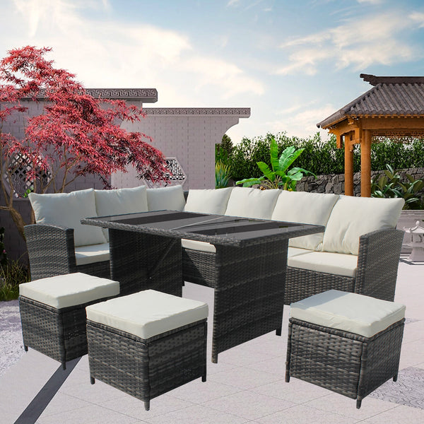 9Seats Garden Furniture Set Rattan Outdoor Corner Sofa Wicker Dining Table Chair for Patios Conservatories Rectangular