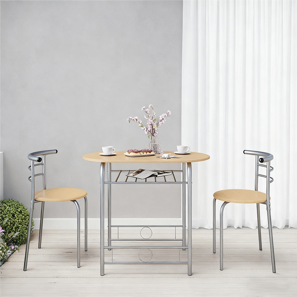 Costoffs 3pcs Dining Table Set with Space Saving Table and 2 Chairs, Modern Kitchen Table Set with Steel Legs and Storage Rack for Kitchens/Balconies/Bedrooms/Apartments/Cafés, Natural/Drift Brown/White