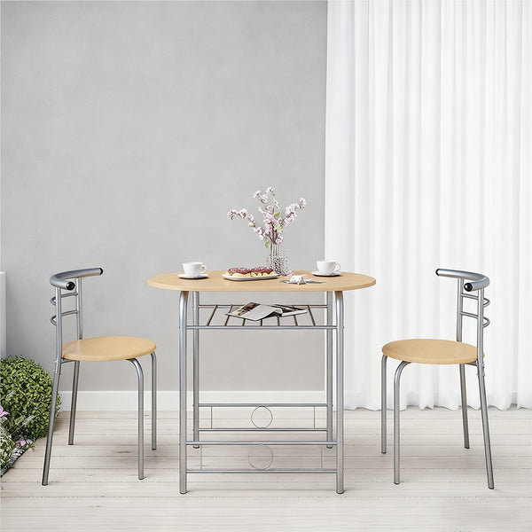Costoffs 3pcs Dining Table Set with Space Saving Table and 2 Chairs, Modern Kitchen Table Set with Steel Legs and Storage Rack for Kitchens/Balconies/Bedrooms/Apartments/Cafés, Natural/Drift Brown/White