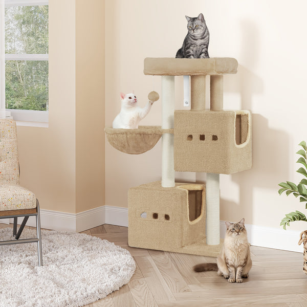 98 Cm Scratching Post, Cat Tree, Small Scratching Post, Multi-Storey Scratching Post with Perch, Cat House Furniture with 2 Caves, Sisal Cat Scratching Post, Hammock, Cave