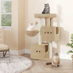 98 Cm Scratching Post, Cat Tree, Small Scratching Post, Multi-Storey Scratching Post with Perch, Cat House Furniture with 2 Caves, Sisal Cat Scratching Post, Hammock, Cave