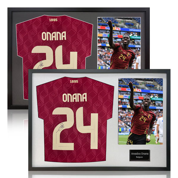 Amadou Onana Signed Framed Belgium Football Shirt Including 1 Photo in 2 Options: White or Black Mount