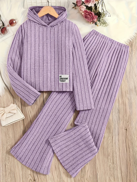A Set of Women's Ribbed Letter Applique Hoodie and Flared Pants