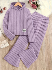 A Set of Women's Ribbed Letter Applique Hoodie and Flared Pants