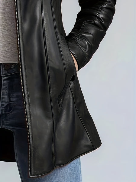 CHIDU Women's Jacket, PU Slim Vintage Motorcycle Women's Jacket, Windproof Women's Jacket, Suitable for Spring, Autumn And Winter Jacket, Fashion Commuting, Pockets, Zipper, Double-layer, Turtleneck, Global ALL, Mid-length Casual Women's Jacket