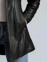 CHIDU Women's Jacket, PU Slim Vintage Motorcycle Women's Jacket, Windproof Women's Jacket, Suitable for Spring, Autumn And Winter Jacket, Fashion Commuting, Pockets, Zipper, Double-layer, Turtleneck, Global ALL, Mid-length Casual Women's Jacket