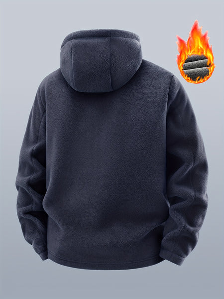 Men's winter fleece warm hooded jacket with thickened multiple pockets, windproof and cold proof jacket