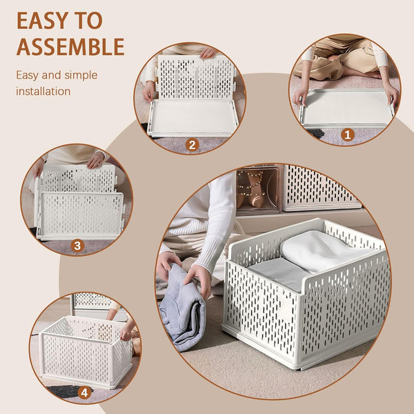 2pcs Foldable Plastic Wardrobe Closet Cabinet Storage Organiser Stackable Pull Out Drawer Baskets with Ventilation Holes for Jeans, Clothes, Bras, Underwear, Books Dividers Shelf Bedroom Home Office Space-Saving