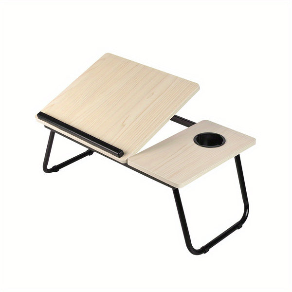 [Cozy Comfort] Versatile Folding Laptop Desk with Cup Holder - 5-Level Adjustable Tilt, Portable & Sturdy Wooden Frame, Ideal for Reading, Studying & Serving Breakfast in Bed - Available in Black, Walnut, Natural, Pink