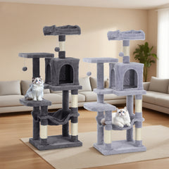 Cat Tree, 112 Cm Multi-Level Plush Cat Condo with 4 Scratching Posts, 2 Perches, Cave, Hammock, Pompoms, Light Grey