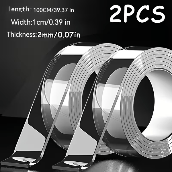 2pcs Industrial Grade Nano Double-Sided Tape, 5-Meter-Long Removable Without Leaving Any Marks, PET Transparent Material, High Viscosity | Strong Load-Bearing | Easy to Tear And Cut | Temperature Resistant, Reusable, Suitable for Home, Office, Car, Office