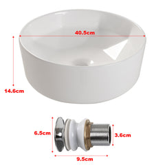 Bathroom Counter Top Ceramic Basin Sink Bathroom Vanity Cloakroom Hand Wash Basin Round Bowl with Pop Up Waste Drainer, White, 405x405x146mm, Faucet Not Included