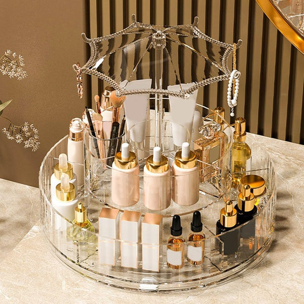 Hanging Jewellery Storage with Umbrella Shaped Jewellery Rack, Desktop Cosmetics Holder, Layered Storage Space, Rotatable Cosmetics Stand 360° Rotatable Makeup Organizer for Jewellery Makeup Storage,Desktop Decoration