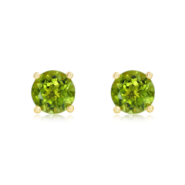 Round Cut Peridot Stud Earrings, 14Ct Yellow Gold
