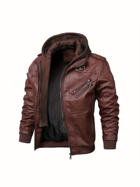 2907 Cross-Border New Double-Zipper Hooded Faux Leather Jacket Men'S Casual Fashion Motorcycle Jacket Men'S Korean Version Trendy Solid Color Coat Men