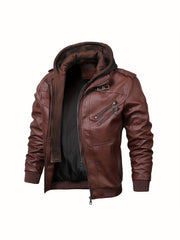 2907 Cross-Border New Double-Zipper Hooded Faux Leather Jacket Men'S Casual Fashion Motorcycle Jacket Men'S Korean Version Trendy Solid Color Coat Men