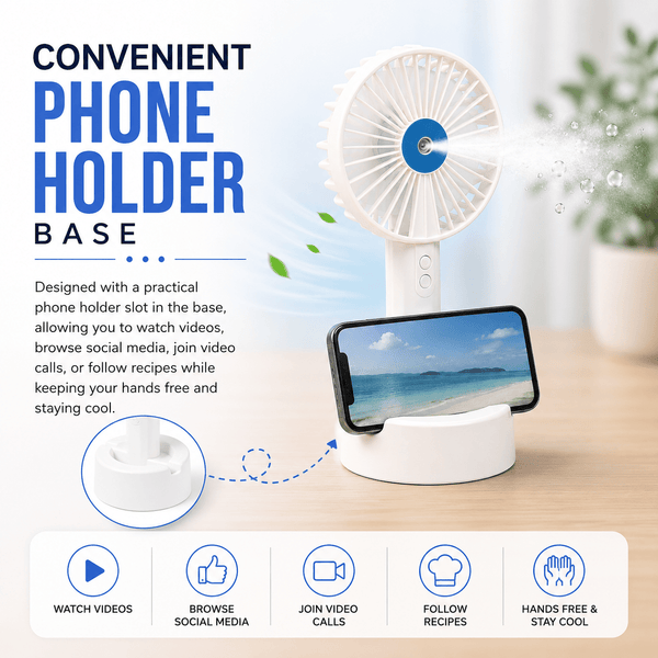 Portable Rechargeable Handheld Fan with Phone Holder, 3 Speed Settings, USB Rechargeable 1200mAh Battery, Personal Cooling Fan with Water Mist Function for Home, Office, Travel & Outdoor Use