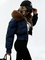 Winter Women's Short Cropped Puffer Jacket with Thickened Winter Coat - Elegant Long-Sleeve Zippered Outerwear, Lined Collar & Waist Pockets, Machine Washable for Casual Winter Wear, Everyday Outfits & Light Outdoor