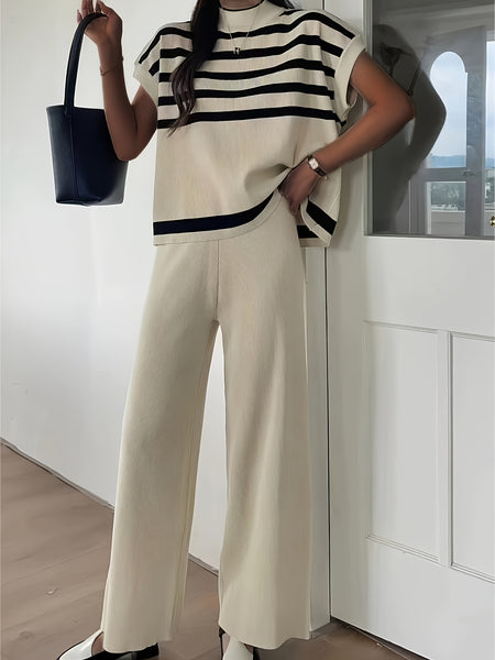 Spring/Summer Women's Fashion Set: Simple High-End Striped Vest Top + Fashionable Loose Wide-Leg Pants, Striped Color-Block Casual Outfit