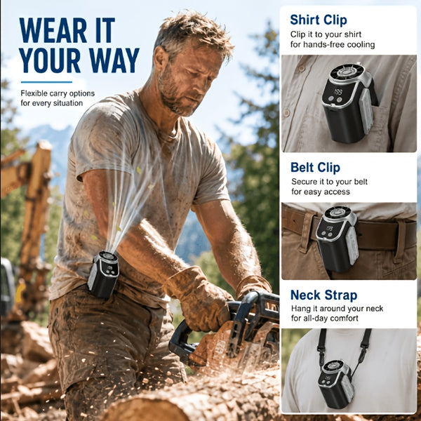 Wearable Belt Fan AI Intelligent Clip On Fan with Strong Wind Power And Silent Operation. Built In LED Flashlight Suitable for Camping, Hiking, And Night Patrols. Designed Specifically for Outdoor Enthusiasts And Night Shift Workers