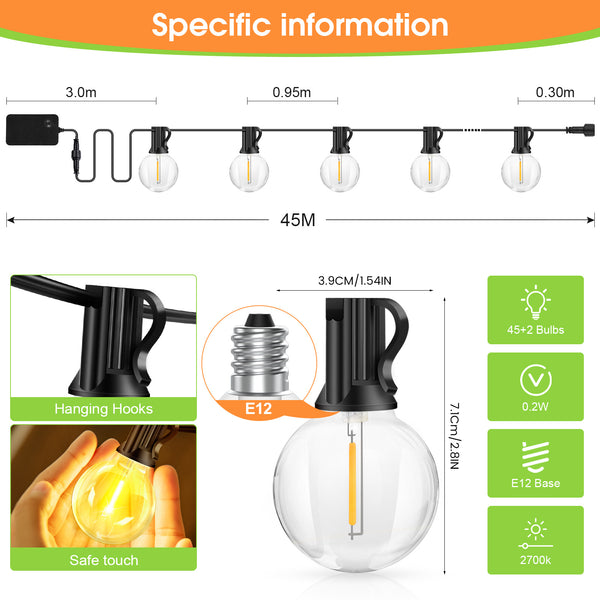 Outdoor Festoon Lights|LED Fairy Lights -65ft/100ft/150ft LED Garden String Light 20/30/45M+2 (Spare) Bulbs, IP65 WaterproofDimmable Timer G40 Bulbs Hanging Patio Lighting with Remote Control for Balcony Garden Gazebo Patio Awning Wedding Party (No Button