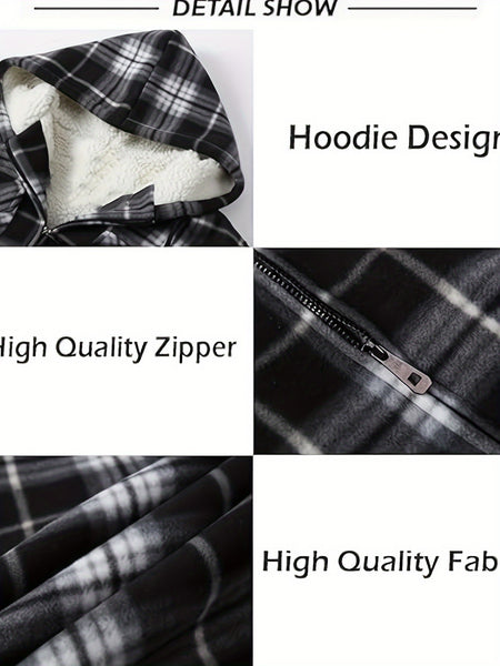 Men's Full-Zip Winter Sports Plaid Hoodie with Sherpa Lining, Warm Hooded Jacket