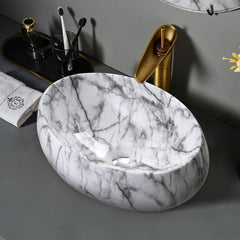 White Ceramic Bathroom Vanity Wash Basin Sink Countertop Oval Marble Effect Bowl With Stainless Steel Drainer Kit, Hand Wash Basin, Classic Design White Marble Effect Oval Sink for Bathroom Lavatory, Hotel Vanity Unit, 48x34x14.5cm, Only Basin