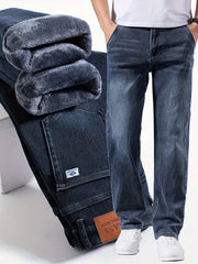 Vintage Men's -Lined Thickened Loose Straight-Leg Jeans - 092+1# Autumn/Winter New Style, Simple and Versatile with Slight Stretch