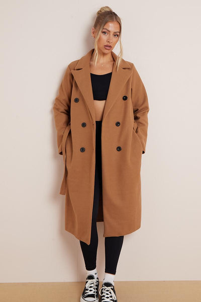 Women's Classy Solid Color Double Breasted Detachable Belted Pocket Pea Coat, Lapel Neck Long Sleeve Outerwear for Fall & Winter