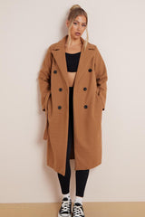 Women's Classy Solid Color Double Breasted Detachable Belted Pocket Pea Coat, Lapel Neck Long Sleeve Outerwear for Fall & Winter