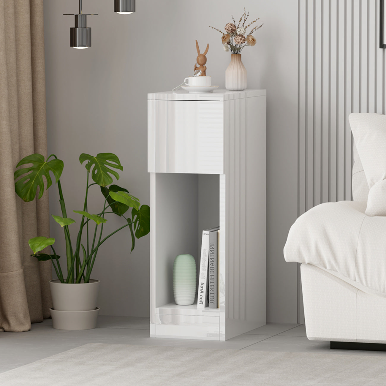 Slim Bedside Table, High Gloss Narrow Nightstand, Small Bedside Cabinet with Storage Space Saving for Bedroom Storage Unit, Living Room Small Sofa Side End Table